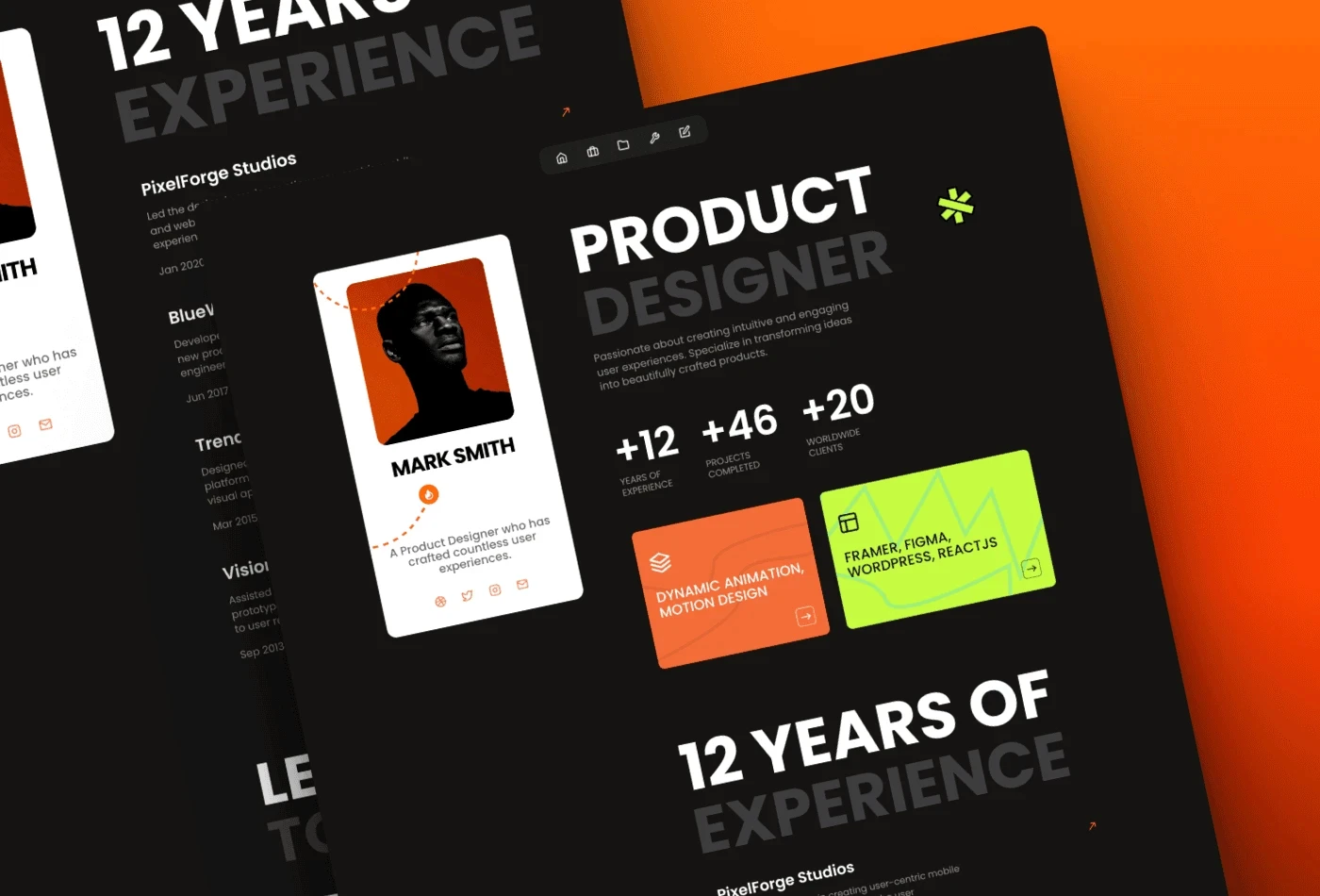Sawad minimal designer portfolio Framer template showcasing dark theme with experience stats and skill cards