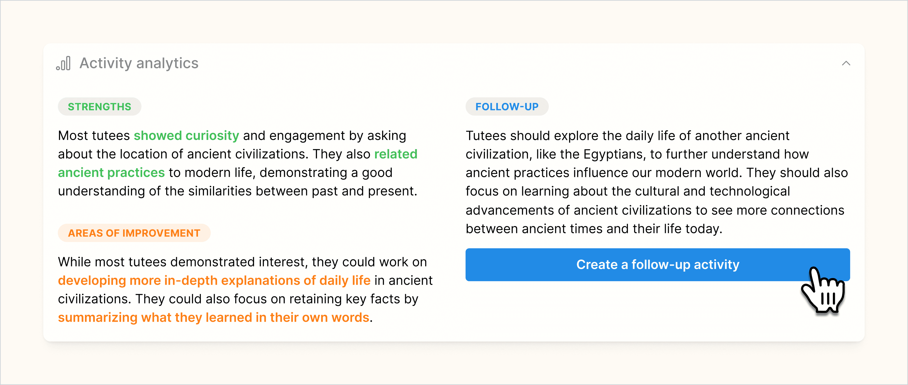 Image of the Activity Analytics dashboard showing student session summaries