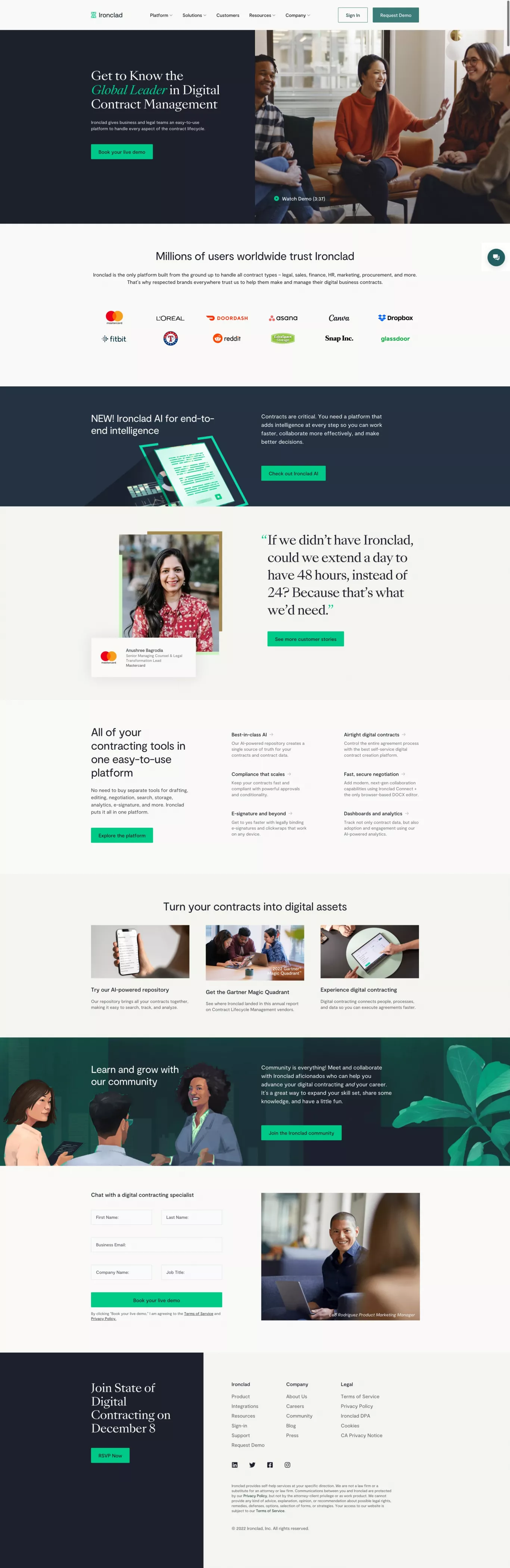Ironclad: The Global Leader in Contract landing page screenshot showcasing Tech and Marketing design