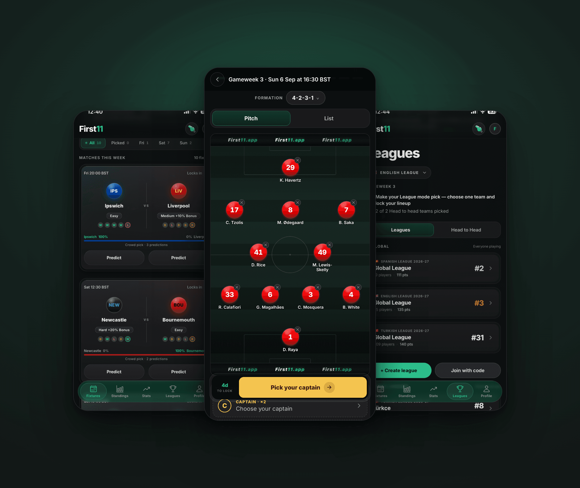 First 11 — fixtures, the pitch picker and leagues