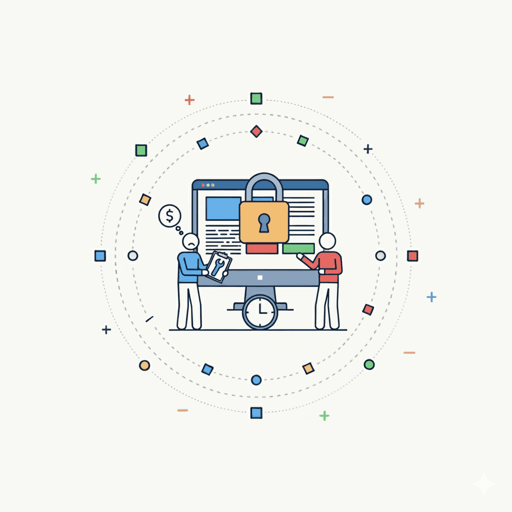Icon representing lack of control, showing a large padlock on a computer screen and two frustrated people trying to manage it, with one holding a wrench and the other looking worried about cost.