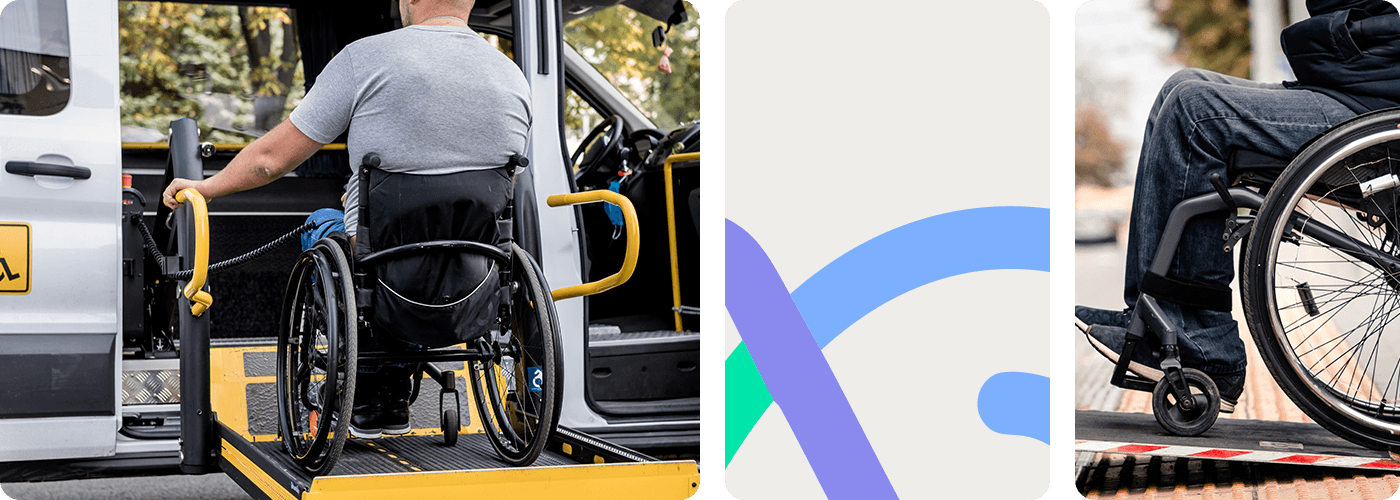 A man in a wheelchair using a hydraulic lift to board a white accessible van