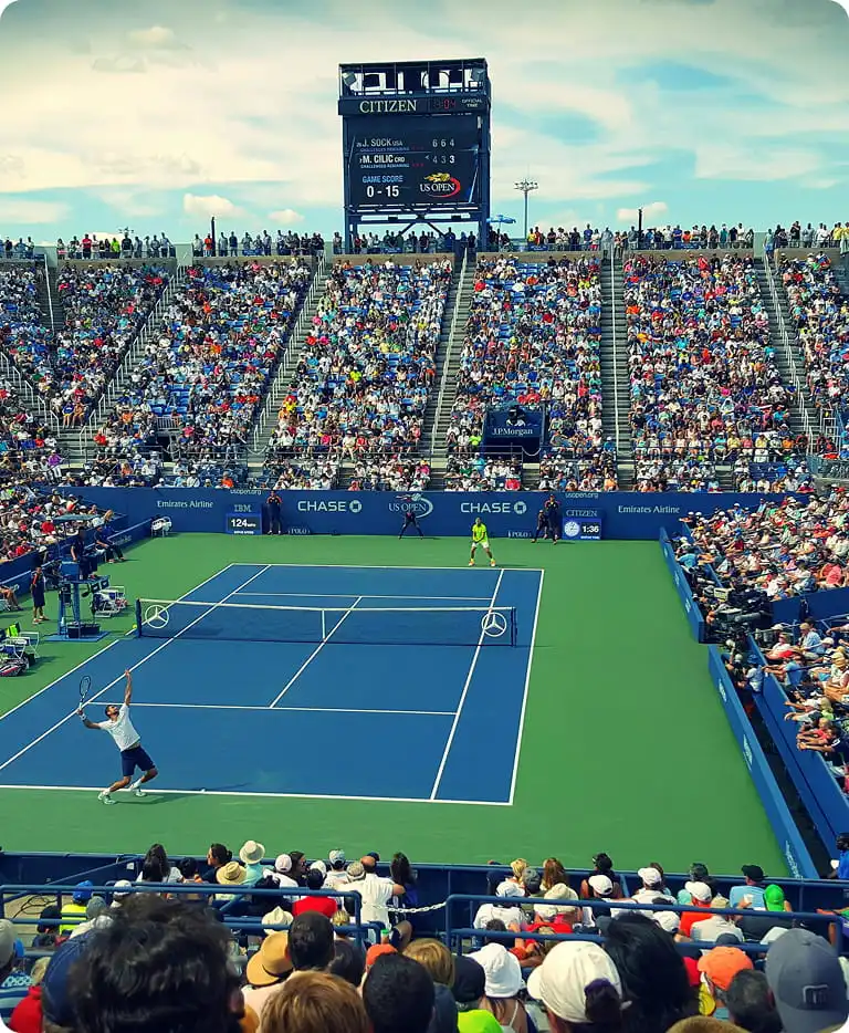 Grandstand seating system installed for professional tennis tournament with high-capacity spectator layout.
