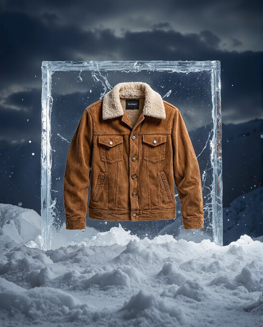 Rustic brown corduroy jacket with sherpa collar suspended in ice frame against dramatic winter landscape with snow and stormy sky