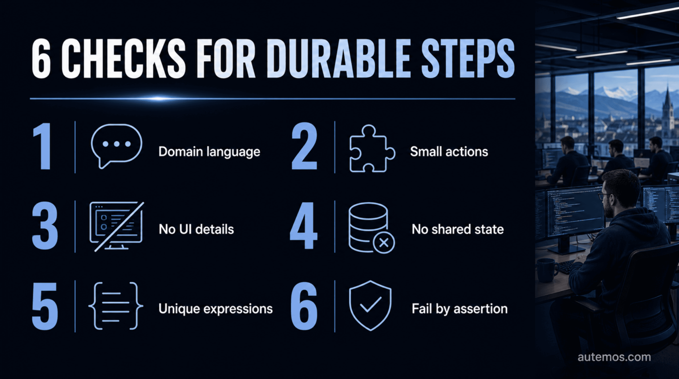 Six maintenance checks for durable and reusable Cucumber steps.