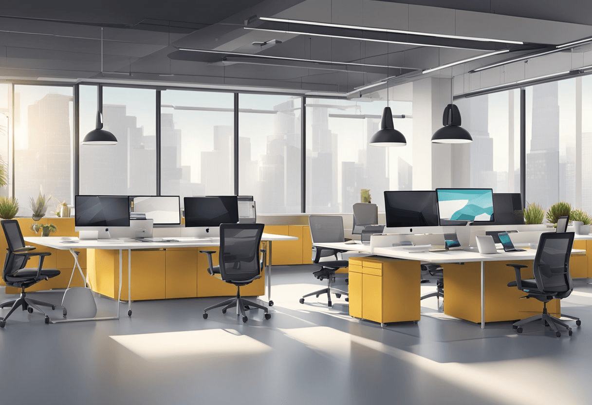 A modern, open workspace with movable furniture, natural light, and integrated technology. Flexible layout allows for collaboration and individual work