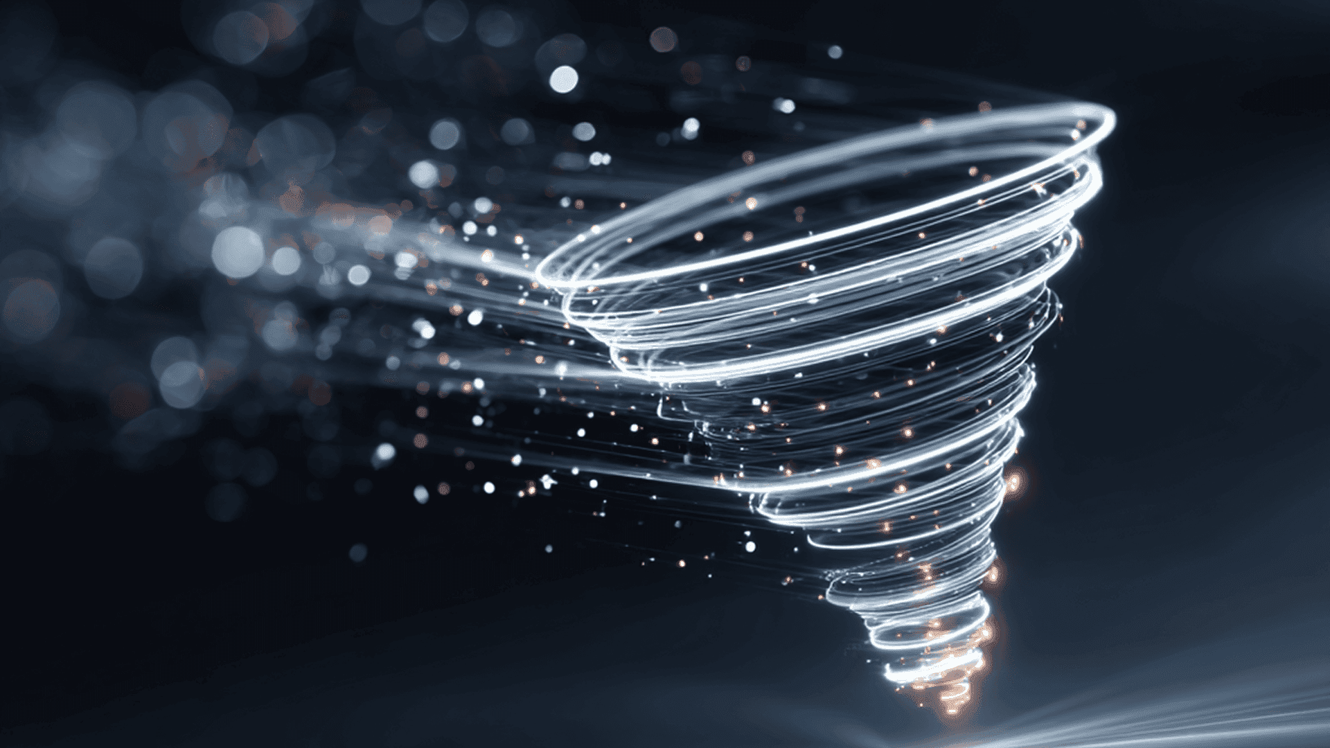 Abstract digital funnel made of swirling light trails, symbolising data flow and process efficiency in AML screening.