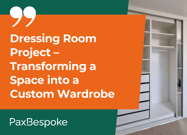 dressing room wardrobe with sliding doors and mirrors, with an overlay of the title and brand logo