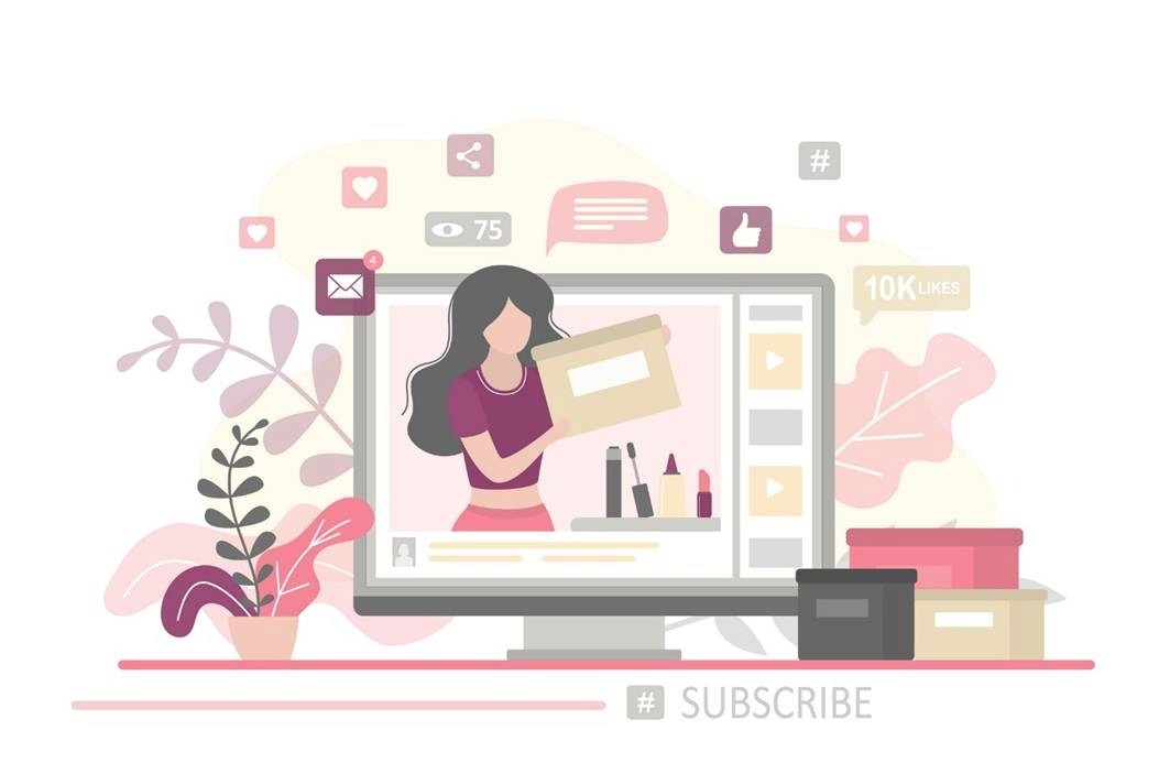 Illustrated beauty influencer unboxing a product on screen with social media engagement metrics and subscribe button