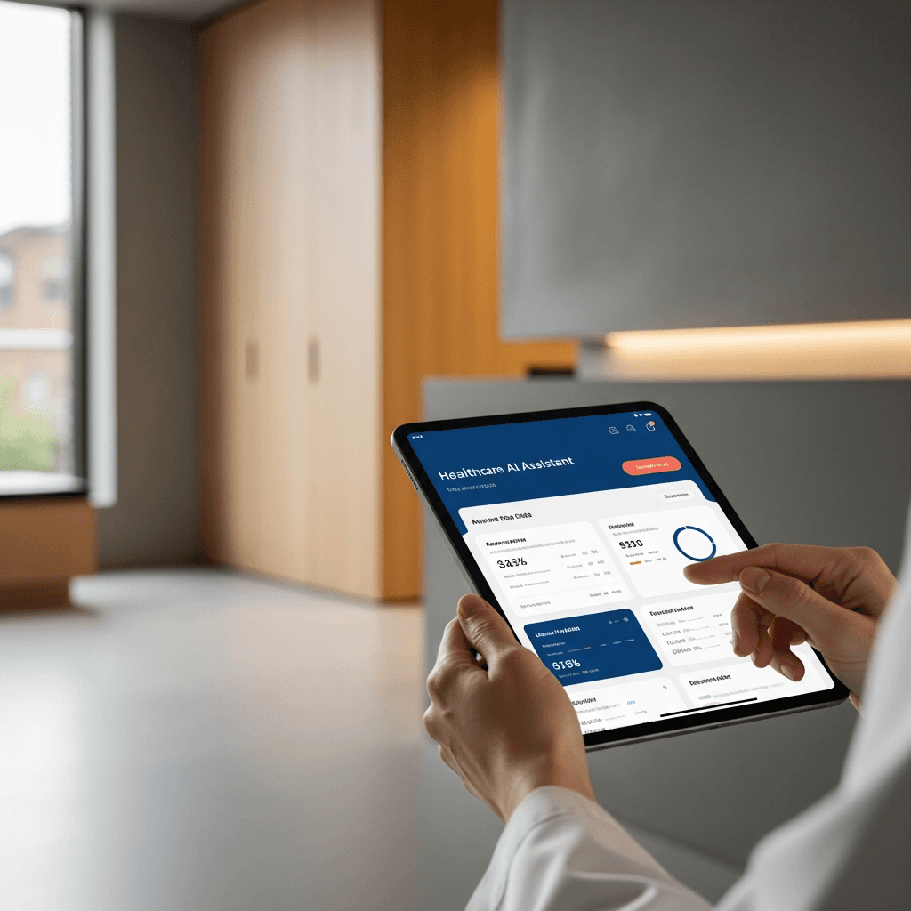 Architectural photograph of a modern, minimal medical clinic interior. Close-up on a tablet held by a clinician, whose hands are visible but not their face. The tablet screen shows a clean, intuitive UI for a healthcare AI assistant, displaying anonymized patient data summaries. The background is softly out of focus, showing a calm, uncluttered space with natural textures like light wood and matte concrete. Lighting is soft and natural, coming from an off-camera window. The overall composition has generous negative space and a calm, professional atmosphere. Aspect ratio 16:9. Photorealistic, high detail, no text on the image, no logos.