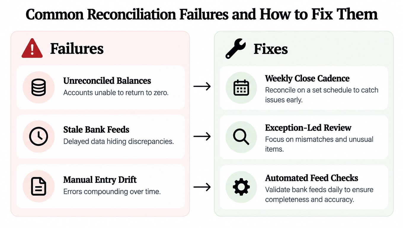A chart listing common bank reconciliation failures on the left and their corresponding solutions on the right.