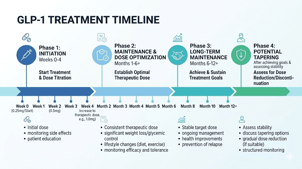GLP-1 treatment duration timeline showing dose escalation, maintenance, and tapering phases