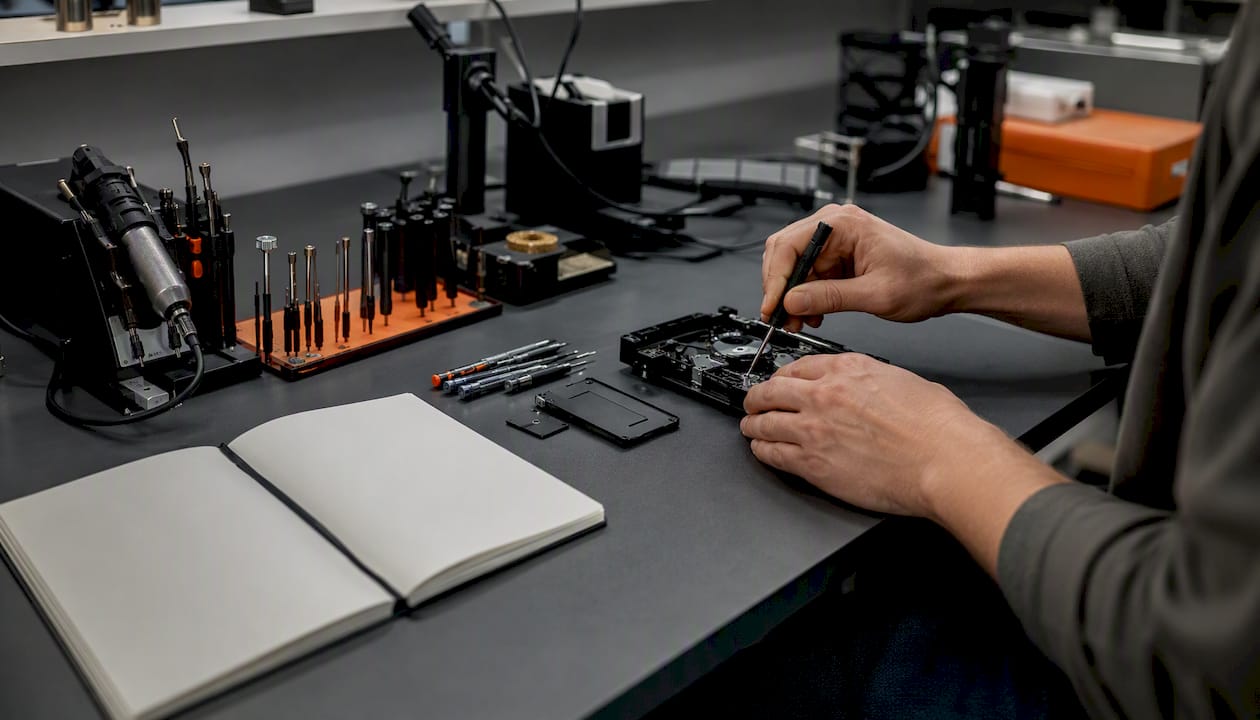 Developer hands adjusting hardware on bench