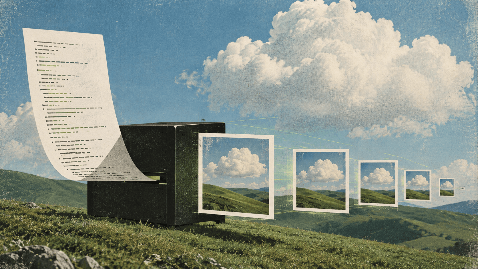 Editorial illustration of Photoshop automation with code entering a processing system and multiple image variations being exported.