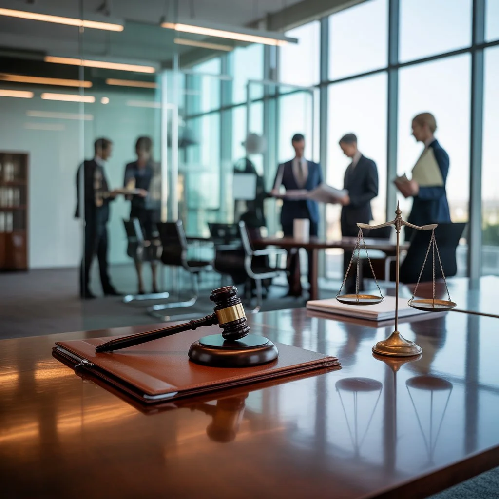 Anwaltsteam im modernen Büro mit Richterhammer und Waage – Rechtsschutz für Unternehmen und Geschäftsführer