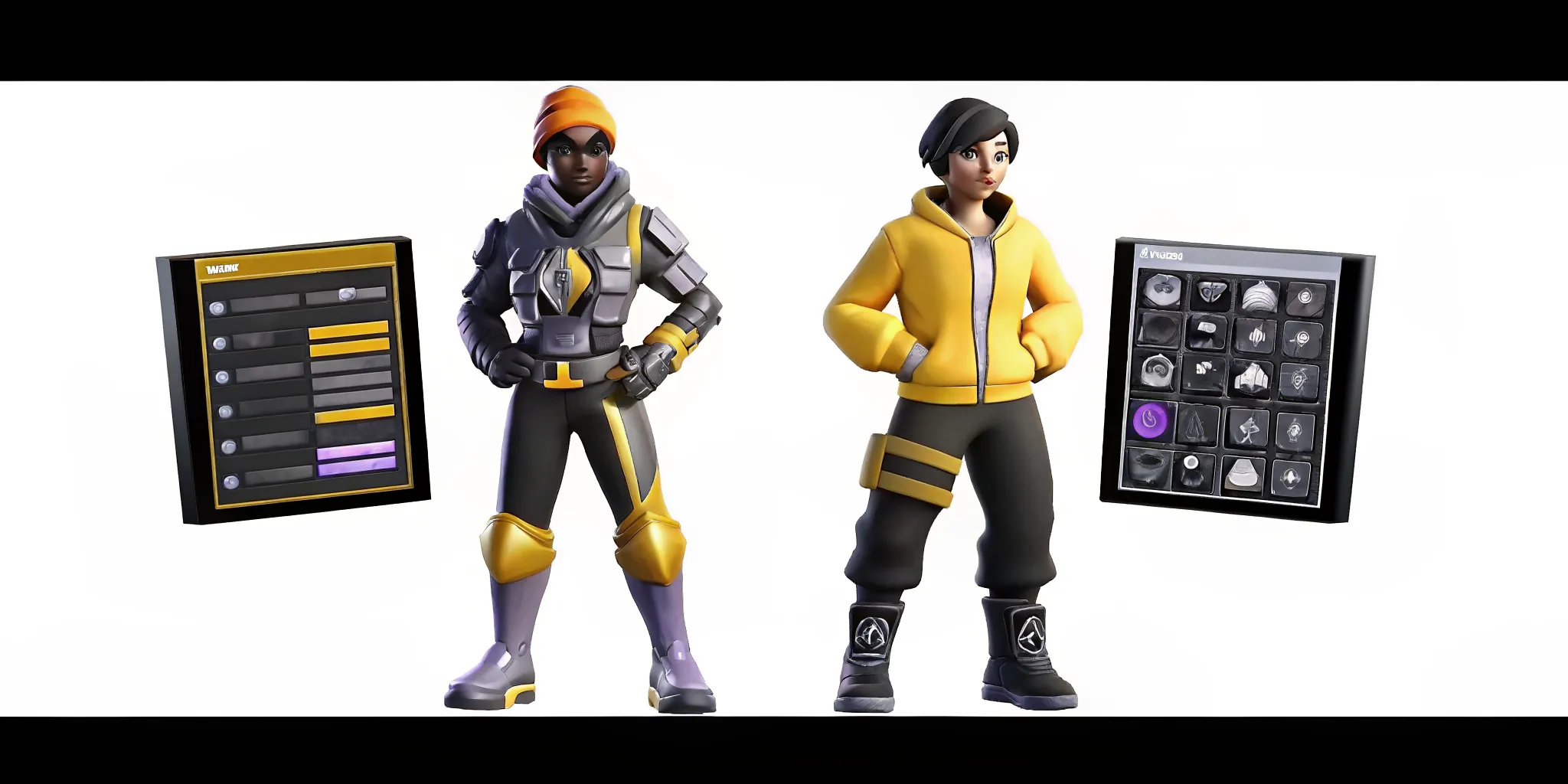 Two 3D game characters wearing different outfits in a Unity scene demonstrating cross-game avatar interoperability