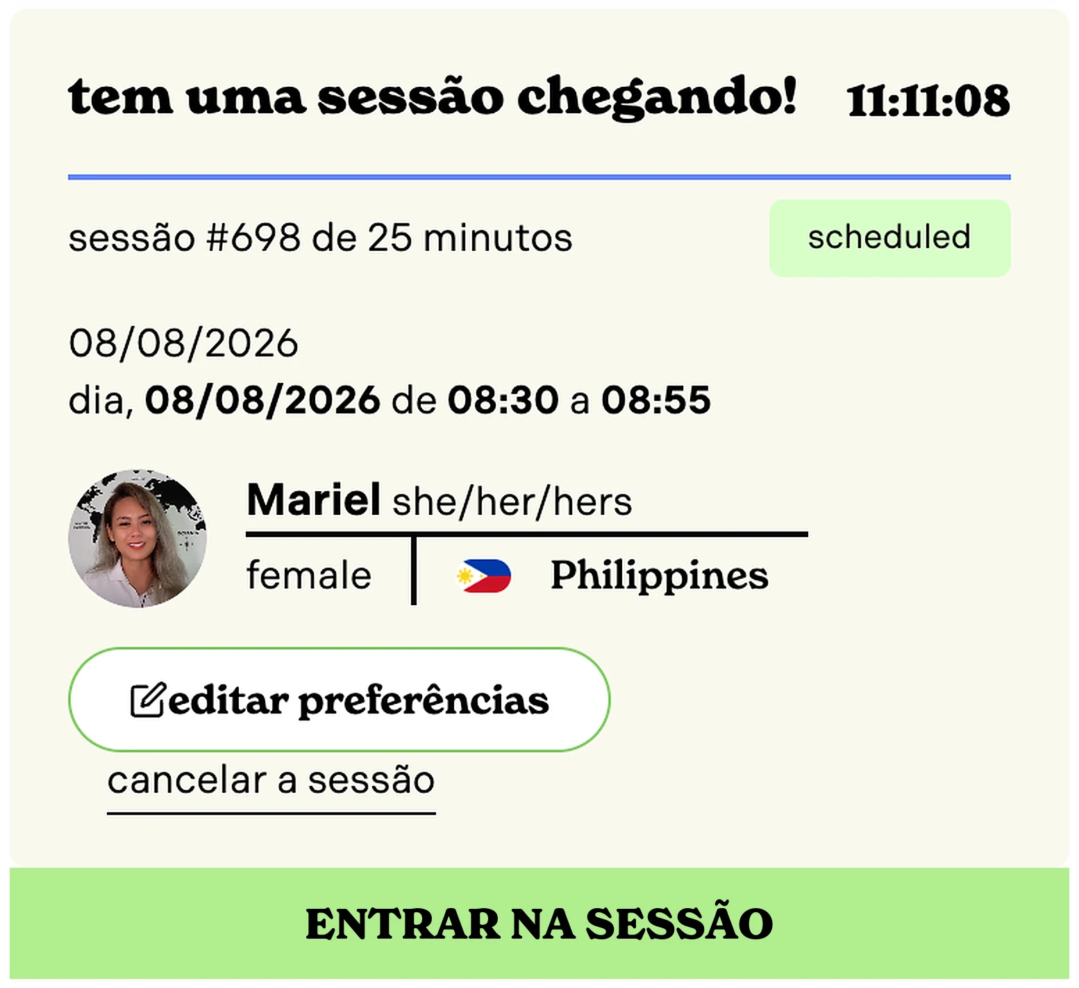 Sessão agendada pronta para entrar e falar