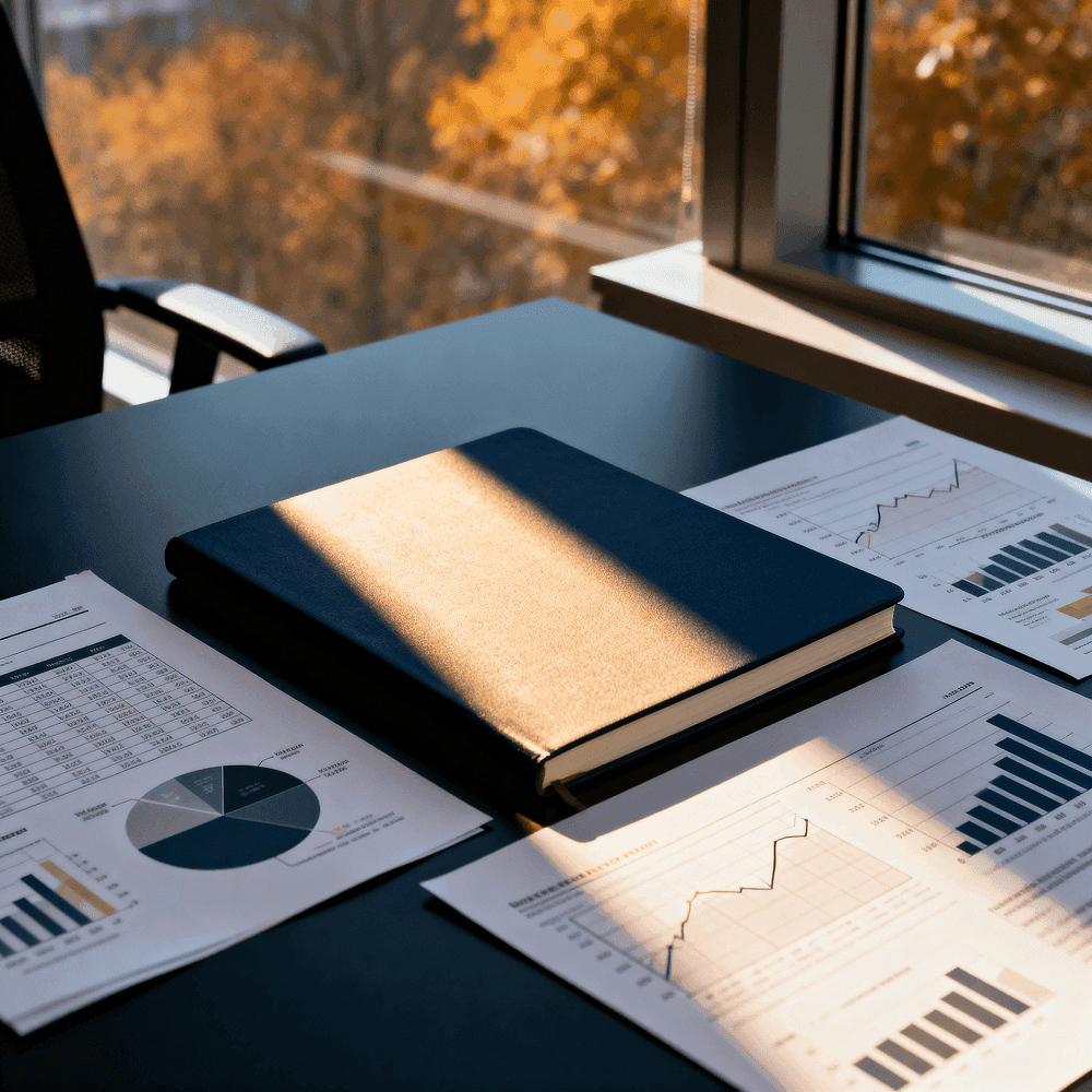Mesa de trabalho com documentos, gráficos e caderno aberto, representando o processo de consultoria estratégica em gestão pública.
