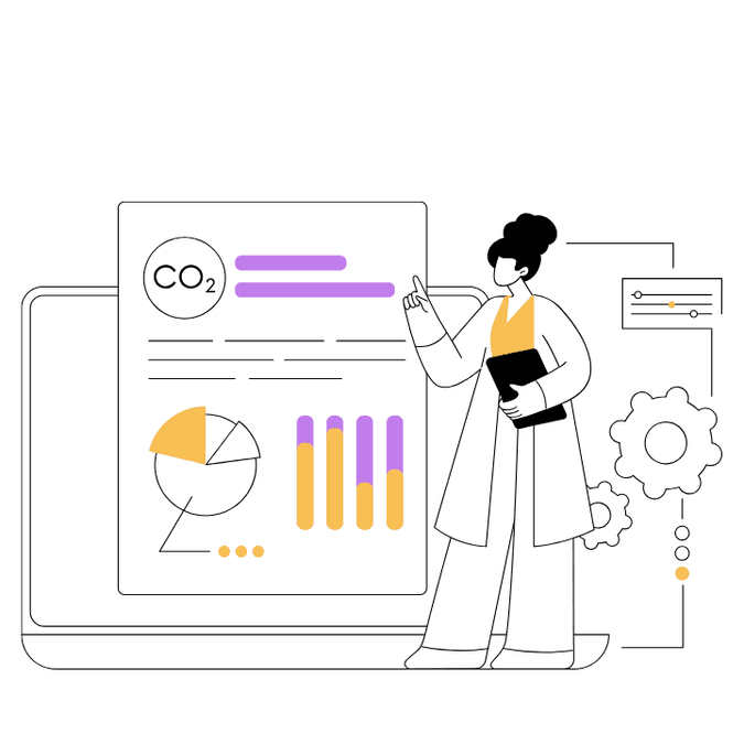 Illustration of a person in a lab coat standing in front of a screen displaying CO₂ data, charts, and graphs, holding a folder and pointing at the presentation.