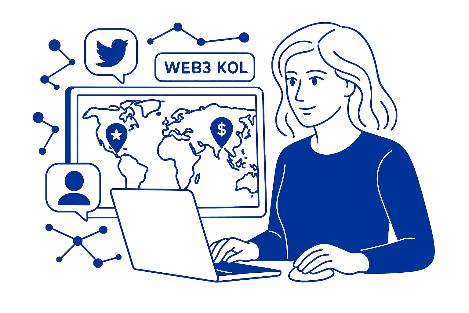Illustration of a woman that is searching for right geolocation of the Web3 KOLs to launch a successful Web3 marketing campaign