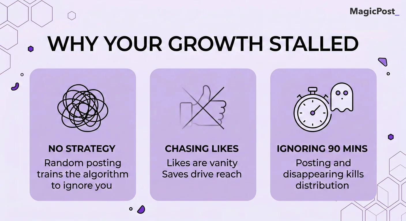 Infographic showing three reasons LinkedIn follower growth stalls: no strategy, chasing likes, and ignoring the 90-minute engagement window