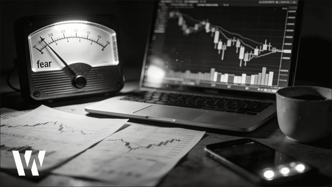 Crypto trading desk visualization showing extreme market fear gauge and downward price chart during capitulation