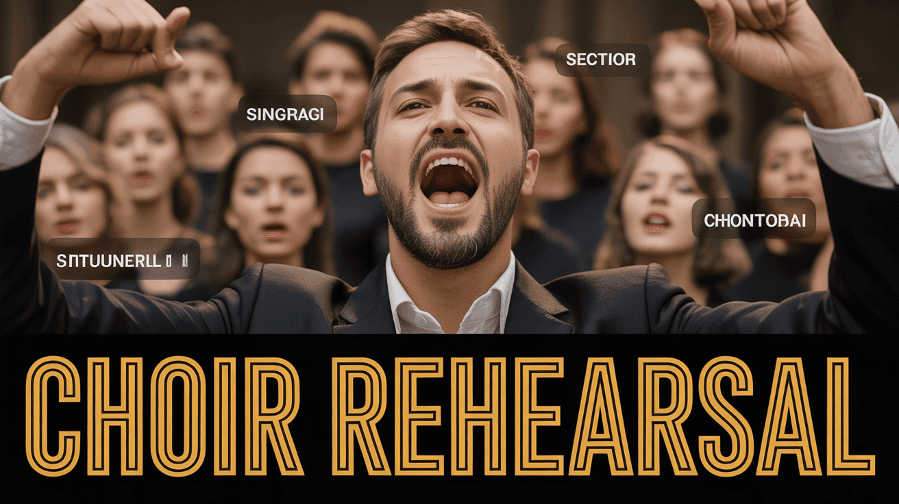 Choir Rehearsal Spotlight Thumbnail, featuring a passionate choir conductor leading singers with highlighted section labels