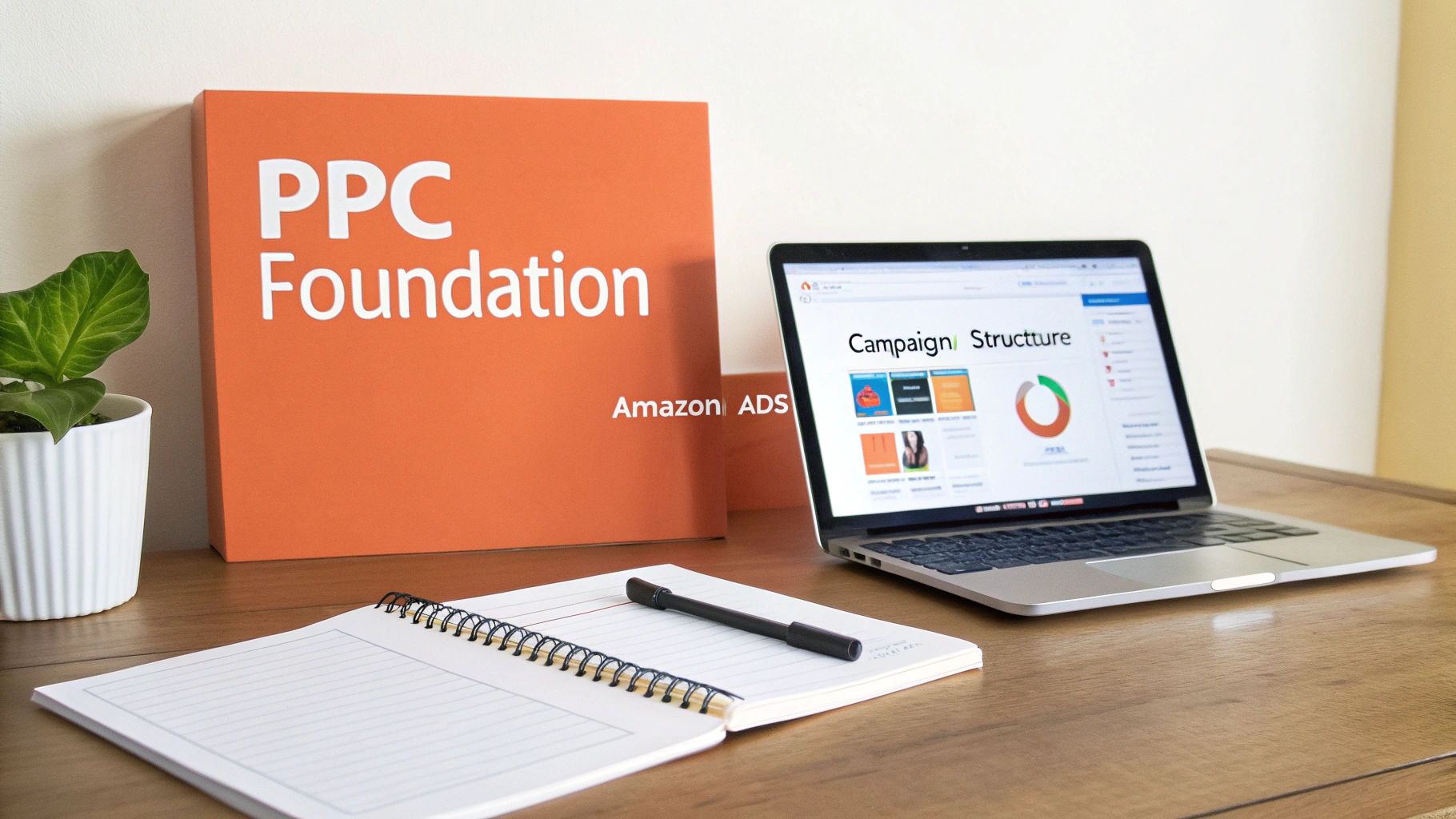 Desk with a 'PPC Foundation Amazon ADS' box, laptop showing campaign structure, notebook, and plant.