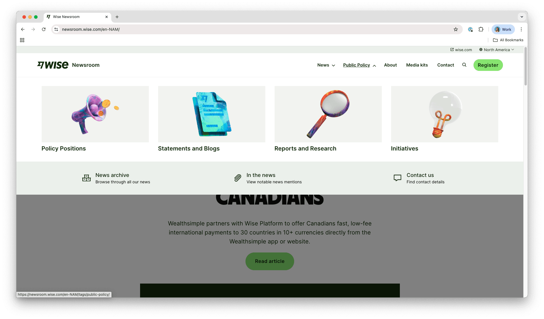 Screenshot of Wise's online newsroom