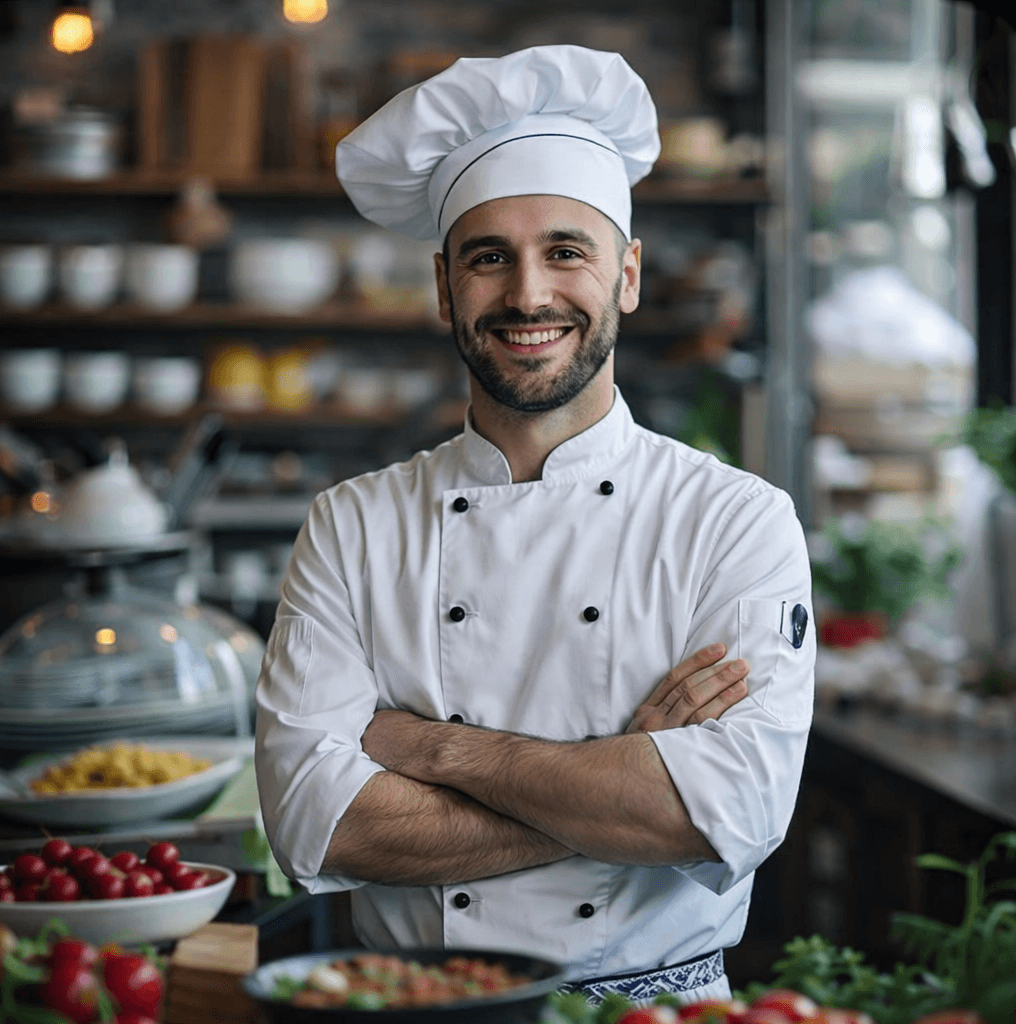 Smiling chef in a white uniform and hat stands confidently in a rustic kitchen, surrounded by fresh ingredients. Shelves with dishes in background.