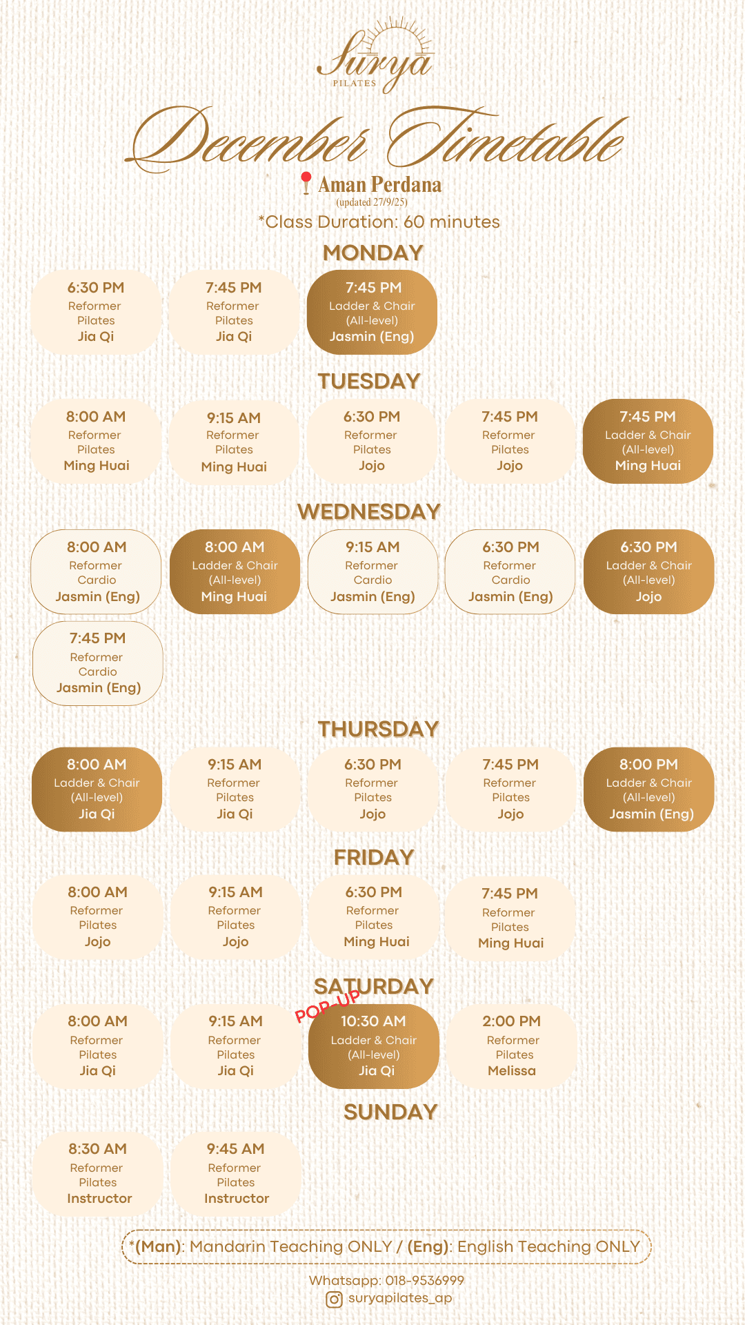 Surya Pilates Aman Perdana Schedule