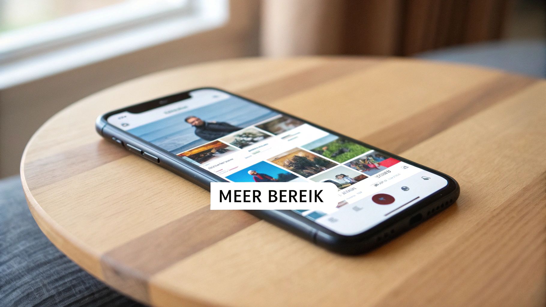 Een smartphone ligt op een houten tafel en toont een app met afbeeldingen en de tekst 'MEER BEREIK'.