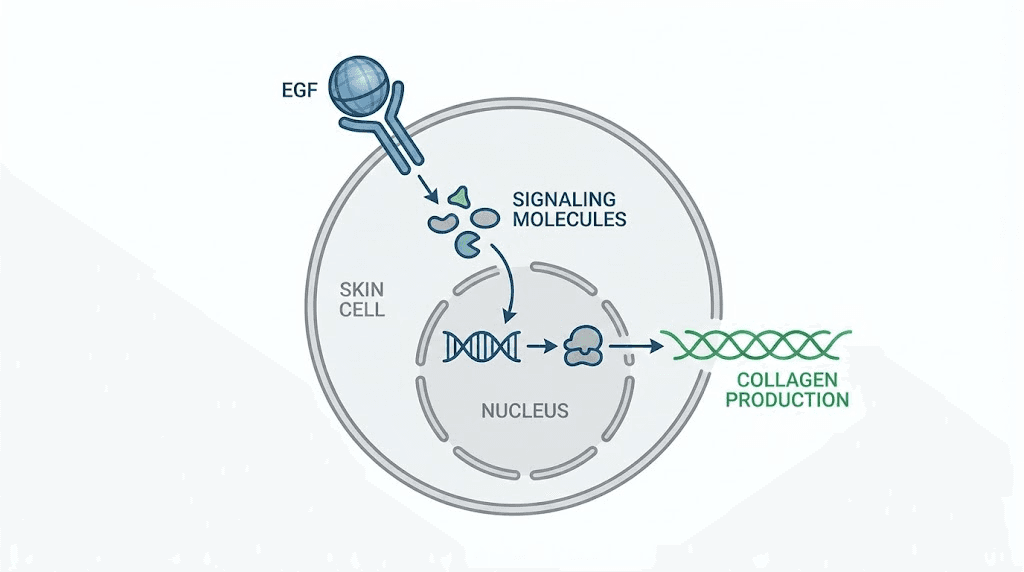 Epidermal growth factor mechanism showing receptor binding and collagen synthesis signaling