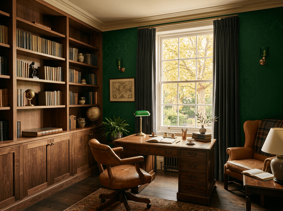 Private writing study with antique walnut desk, forest green walls, and autumn London window view.