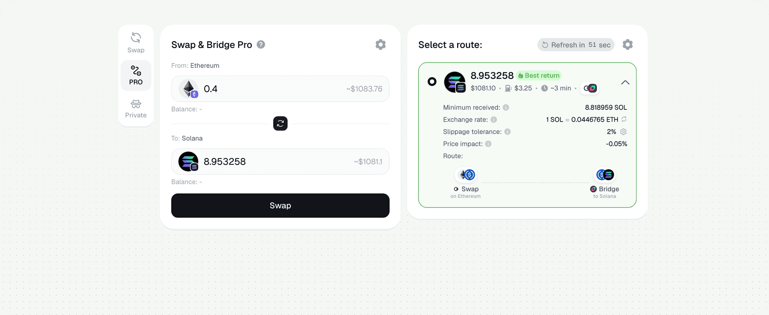 Swap ETH to SOL in Symbiosis PRO mode: 0.4 ETH (Ethereum) to 8.953 SOL (Solana)