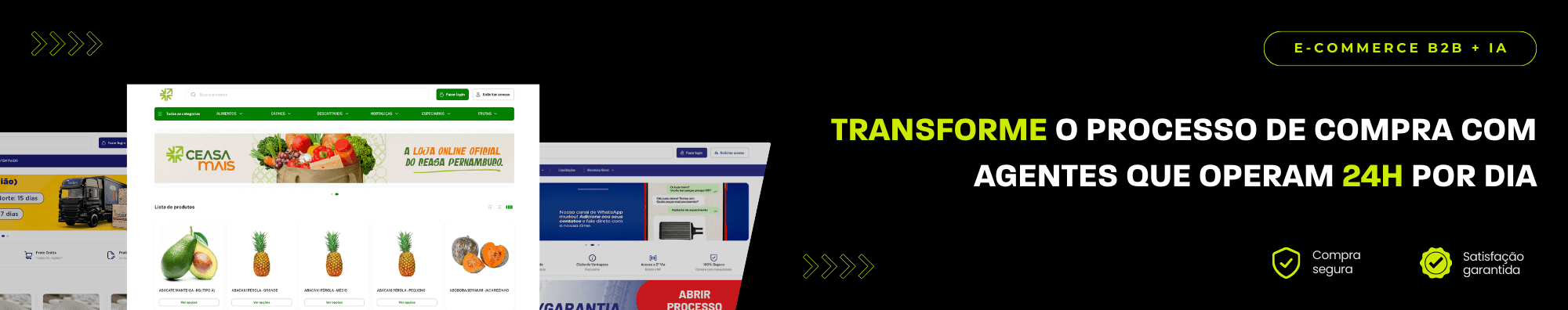 Banner horizontal com fundo escuro, ícones de segurança e satisfação, e imagens de lojas B2B exibidas à esquerda. Elementos gráficos em verde destacam o tema de e-commerce B2B com IA.