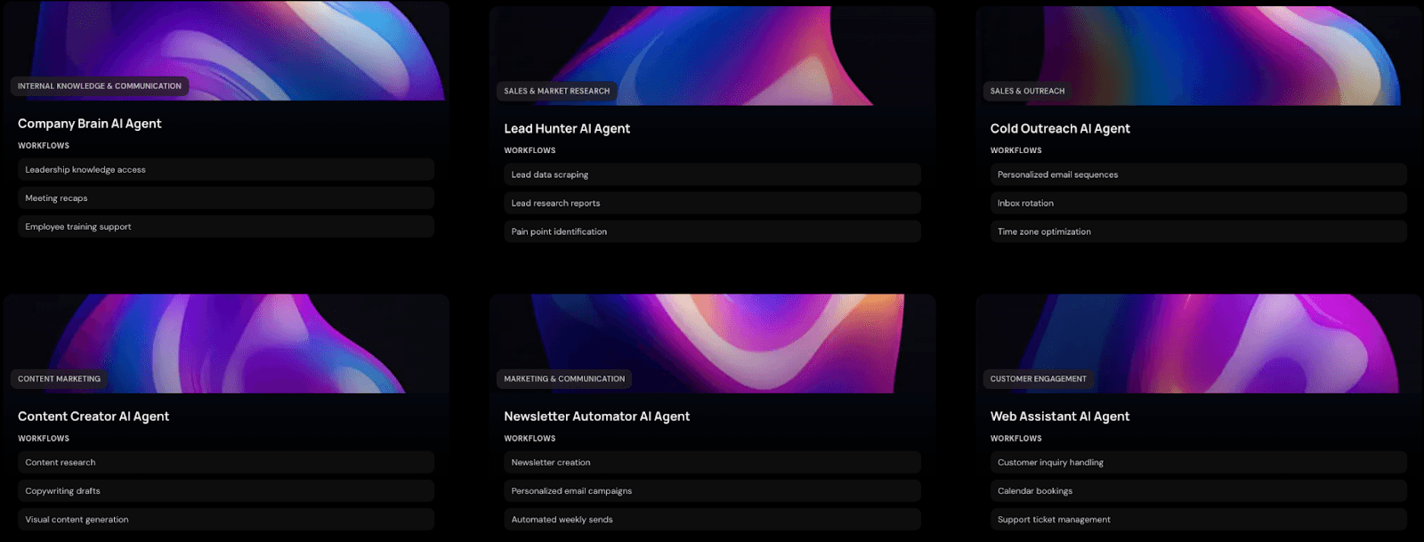 An AI workflow marketplace displaying cards for six distinct agents. Each card, such as 'Lead Hunter' or 'Newsletter Automator,' lists specific automated tasks it can perform, such as lead research reports or personalized email campaigns.