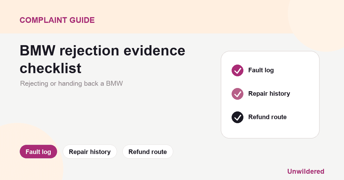 Explainer card for Rejecting or handing back a BMW: Fault log, Repair history, Refund route.