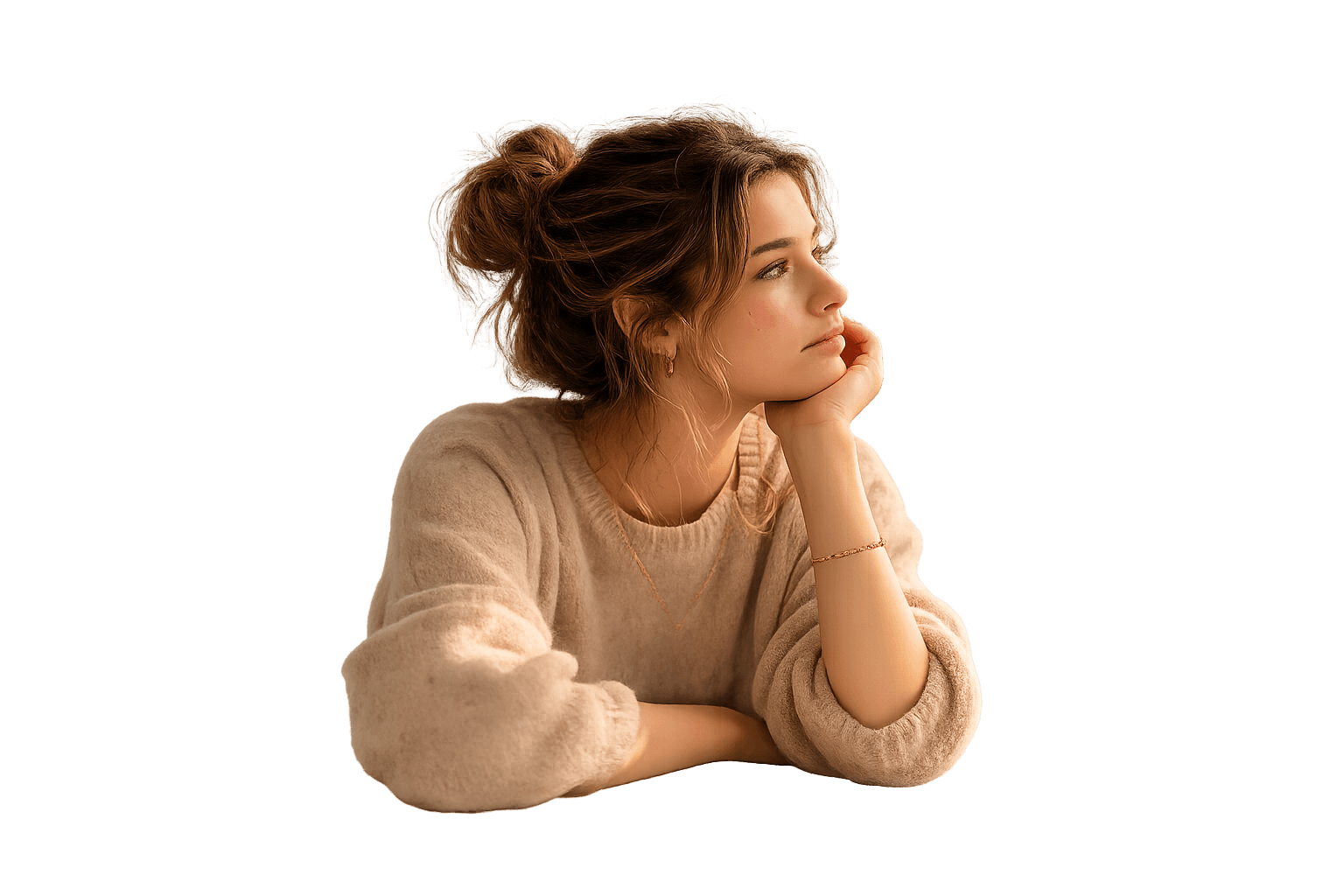 A woman sits cross-legged with eyes closed, wearing a white blouse and a long purple skirt, looking serene.