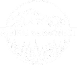 Logo for "MEINE BERGWELT" showing white mountains and trees on a green background.