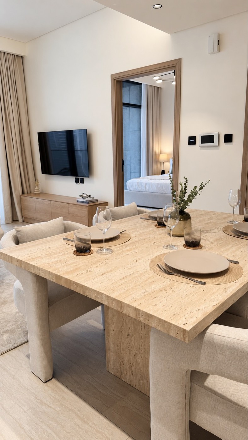 Travertine dining table in a one-bedroom marina apartment
