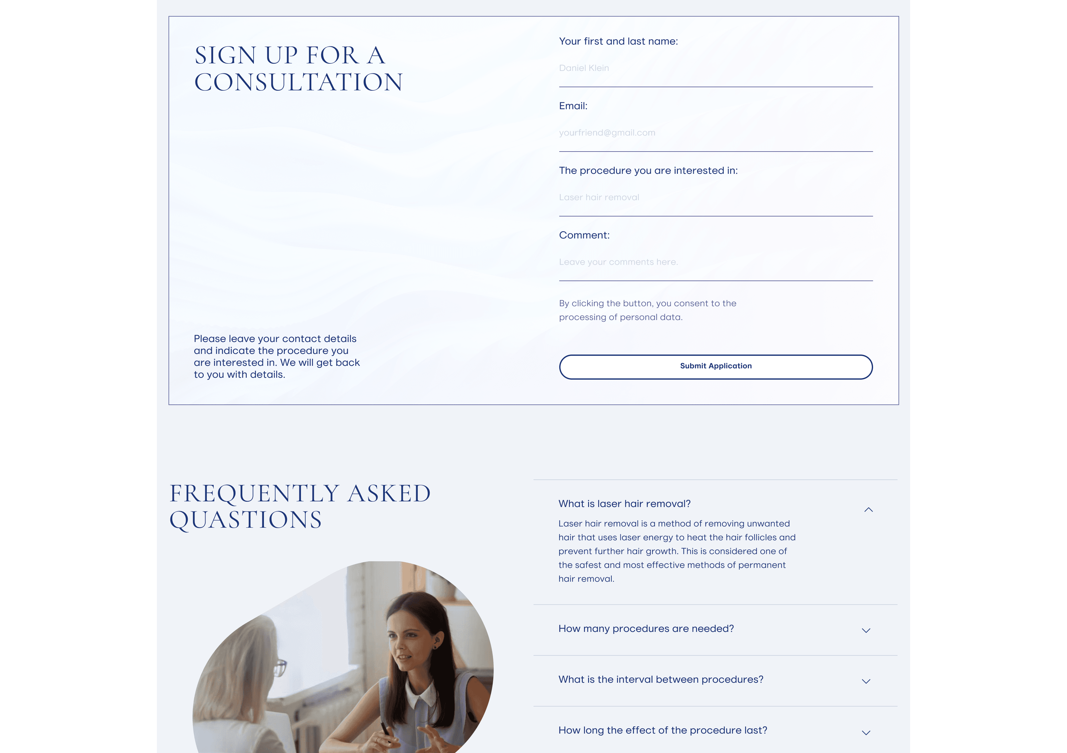 Consultation form on SkinMed website — fields for name, email, procedure, and comment, designed in minimal light-blue style.