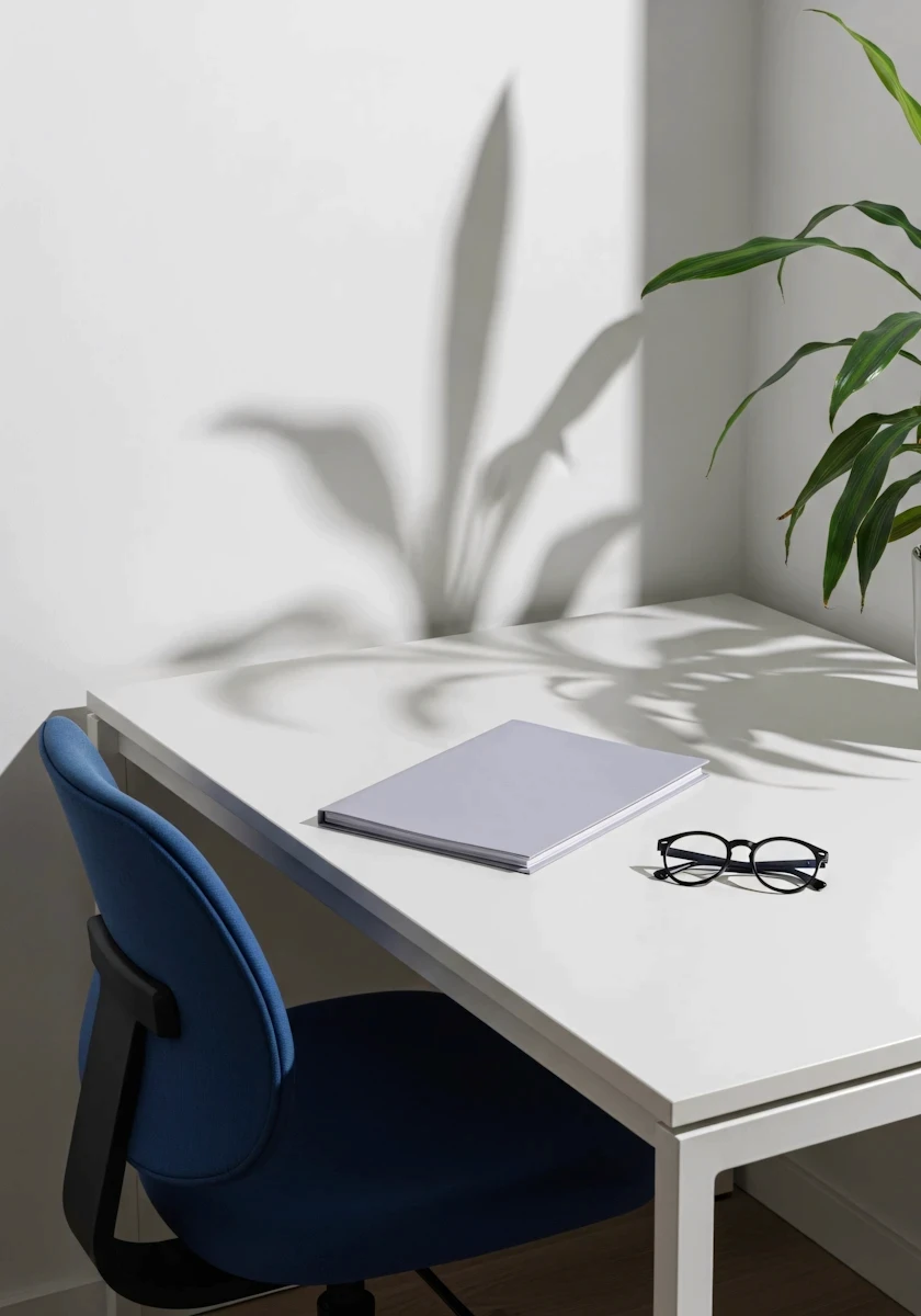 A warm modern office interior with wooden furniture and shelving