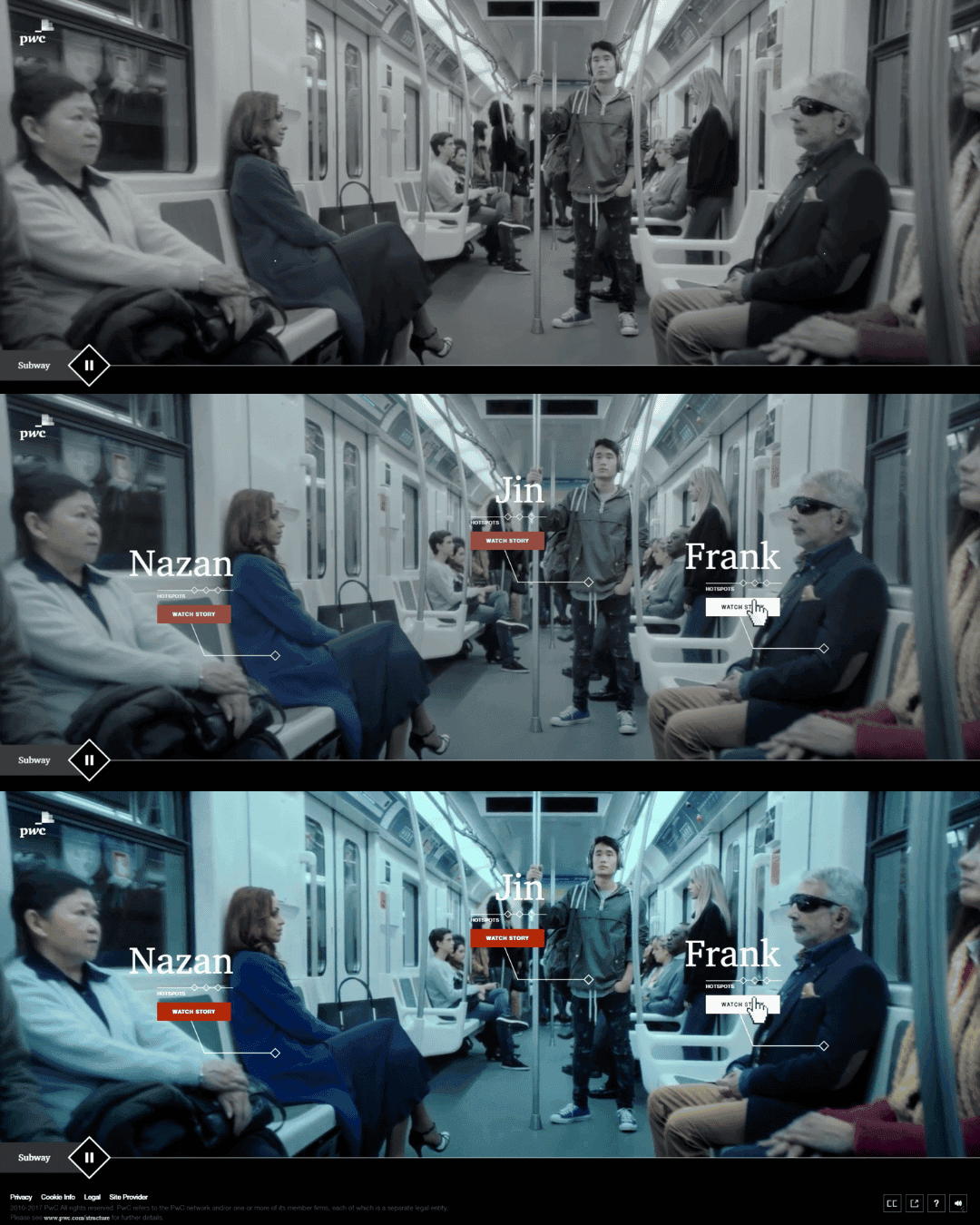 People riding a subway train, with interactive hotspots.
