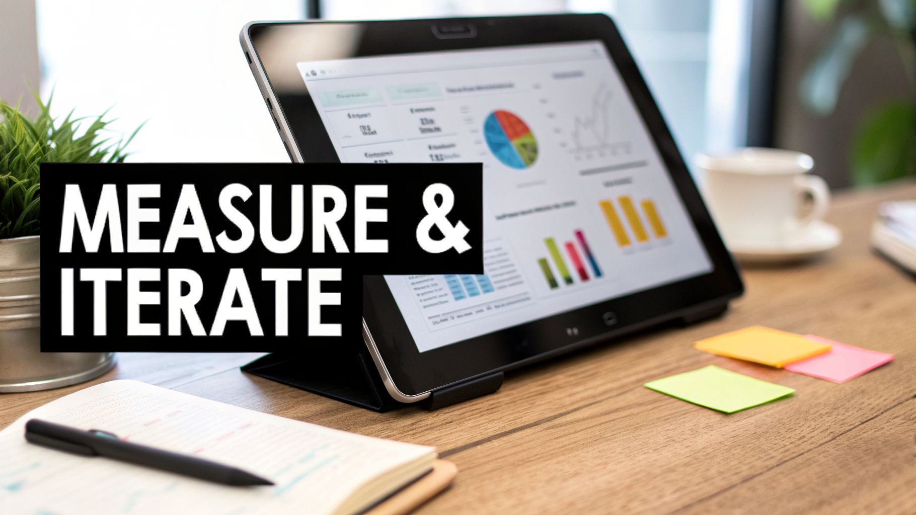 A tablet displays data charts and graphs, with a 'MEASURE & ITERATE' sign, suggesting business analysis.
