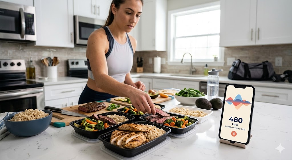 A candid, realistic photograph capturing a female athlete in her late 20s actively preparing weekly meal containers in a modern, naturally lit kitchen. She is meticulously arranging sliced grilled flank steak, seasoned grilled chicken breast, brown rice, and a medley of roasted broccoli and carrots into several BPA-free meal prep containers. Her hands are visible placing a slice of beef. A smartphone, propped up on a stand on the counter, is prominently displaying a voice-based calorie tracking app with a microphone icon, colorful waveform visualization, and the large number '480 kcal' with 'CALORIES LOGGED (VOICE)' and a small microphone icon below it. Fresh produce and other meal prep components are scattered on the quartz countertop. The composition has a shallow depth of field, focusing sharply on the prepared chicken and beef in the foreground and the smartphone screen while the athlete and the background are blurred.