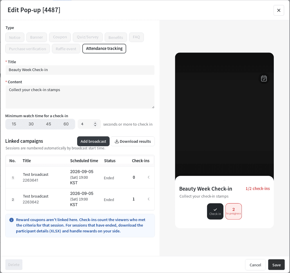 Attendance tracking pop-up edit screen. On the left are the type, title, content, minimum watch time for a check-in and the list of linked campaigns. On the right is a preview of the stamp card as viewers see it.