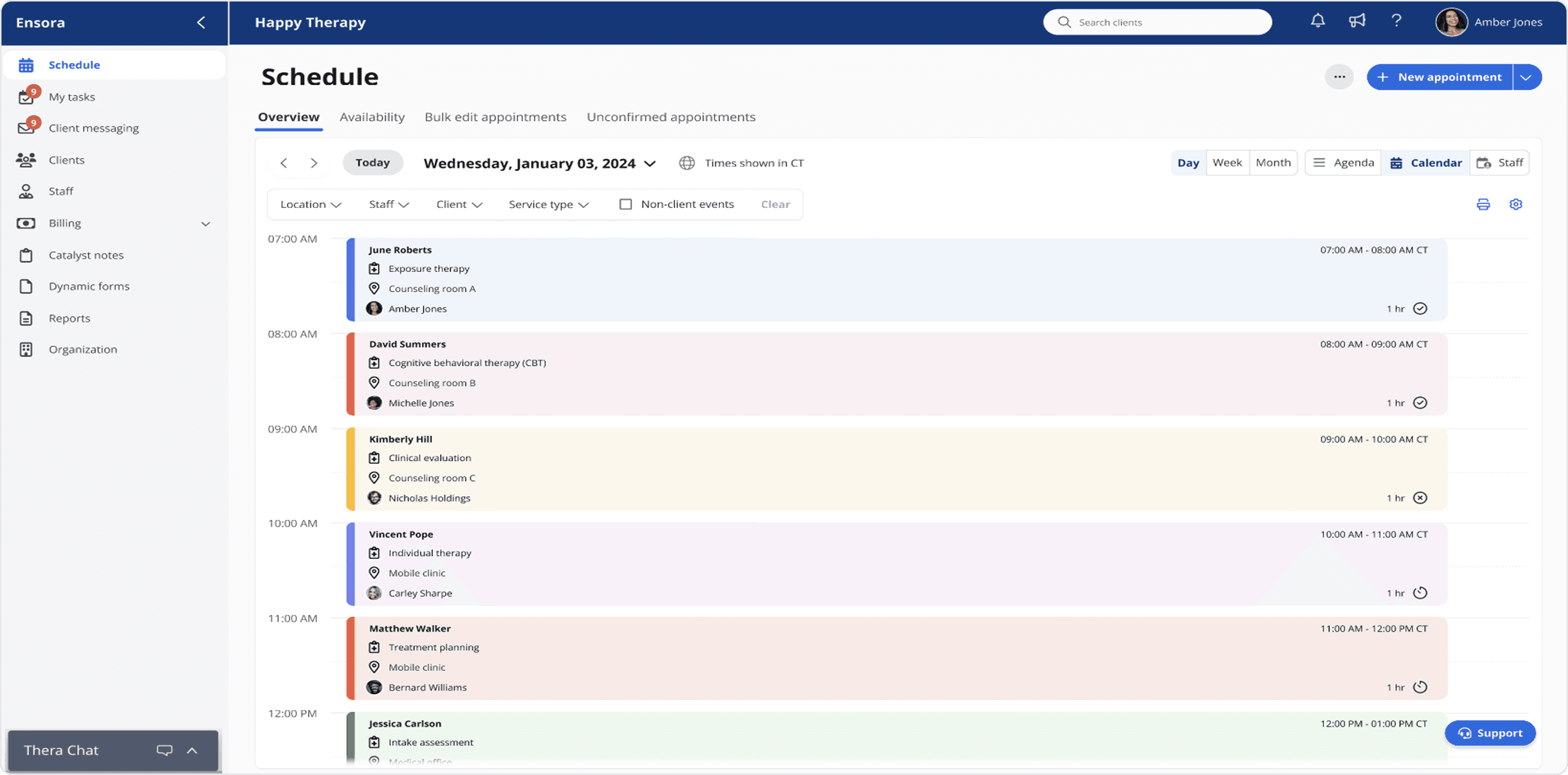 Color-coded daily calendar view showing densely packed therapy appointments across multiple days, illustrating high-volume scheduling complexity.