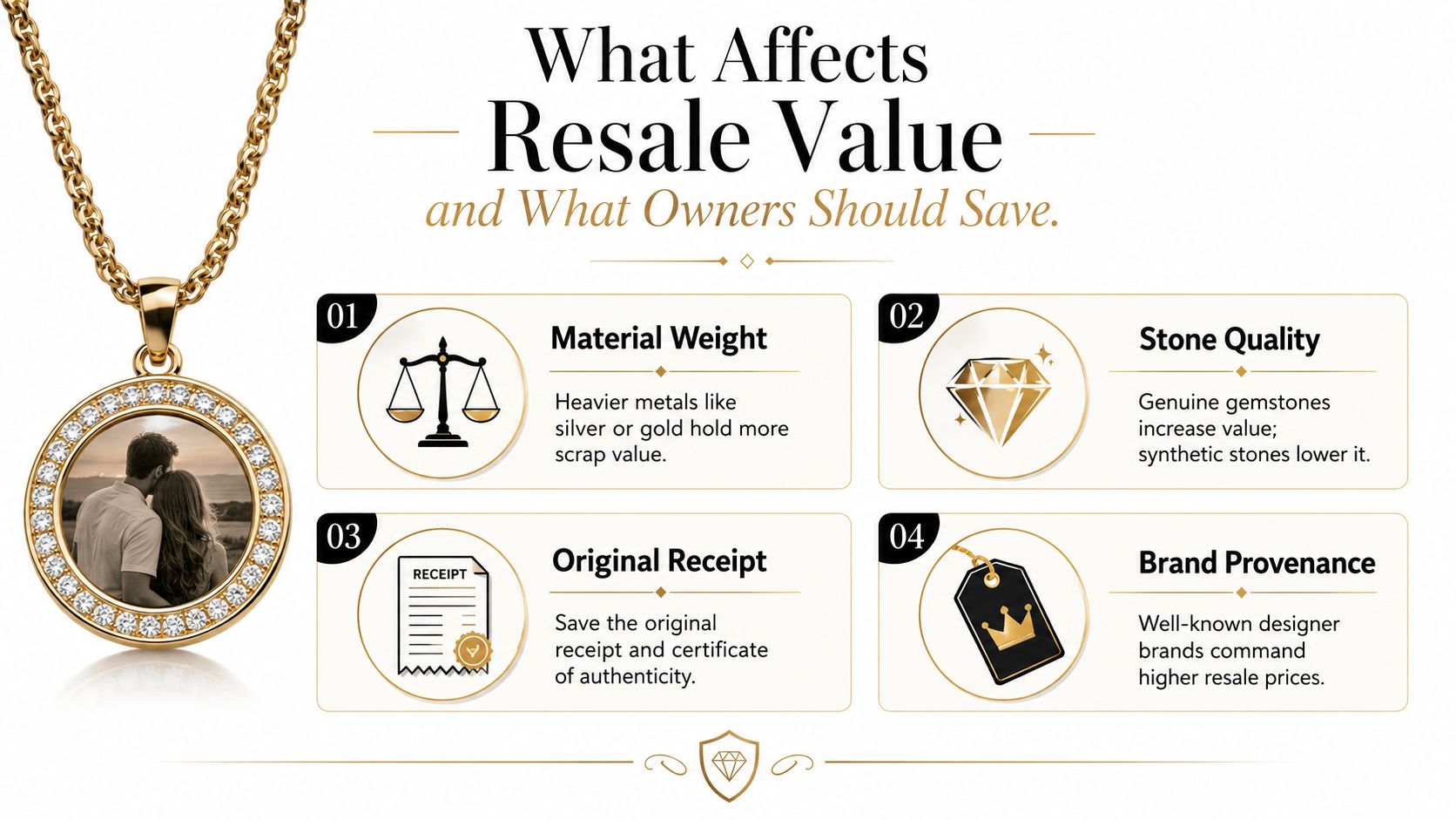 An infographic showing factors that influence the resale value of a custom gold photo pendant necklace.