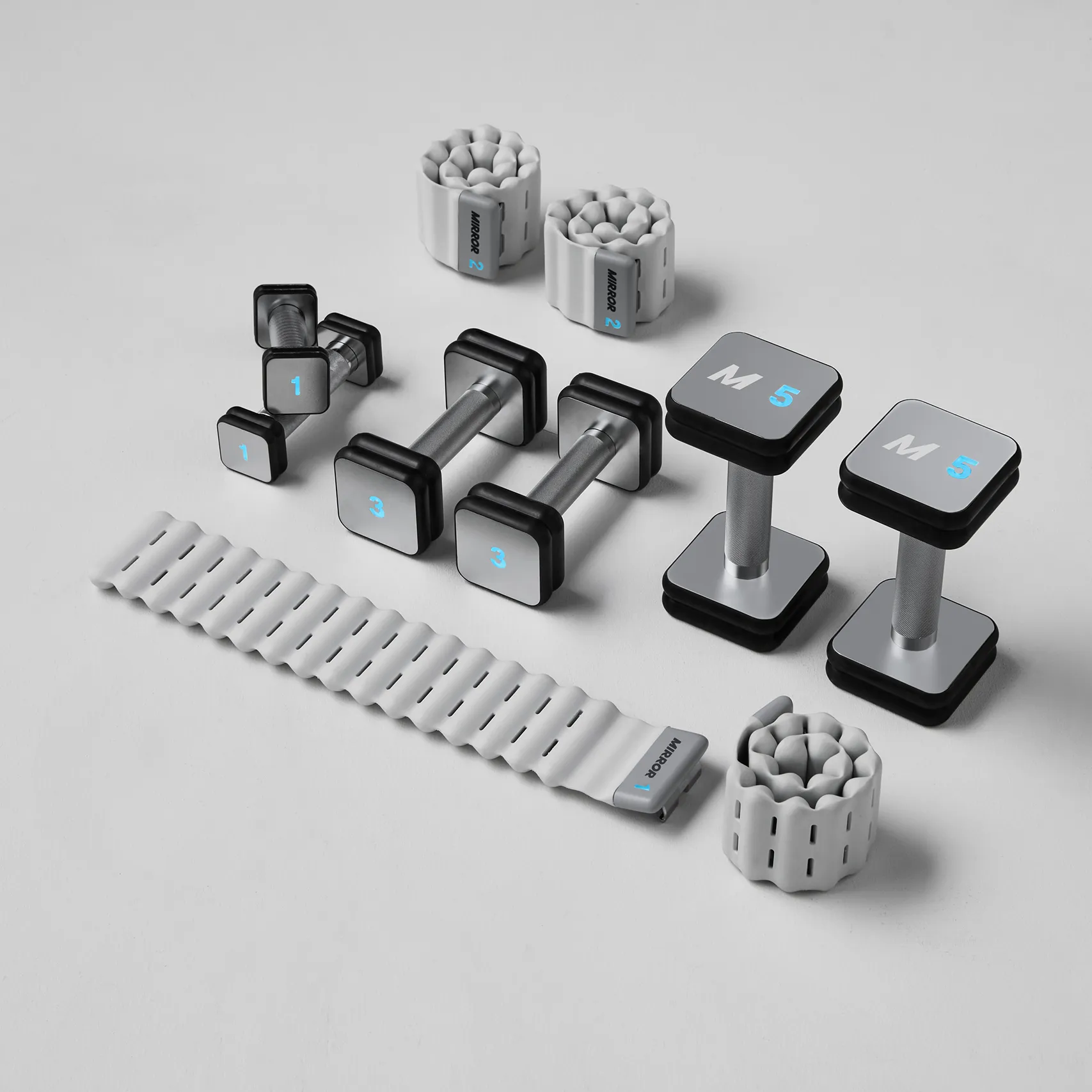 Mirror connected fitness weight system including smart dumbbells, ankle weights, and compact adjustable weights